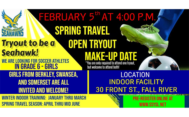 SSYSL Tryouts for Grade 6 Girls on 2/2/2023 at 4pm